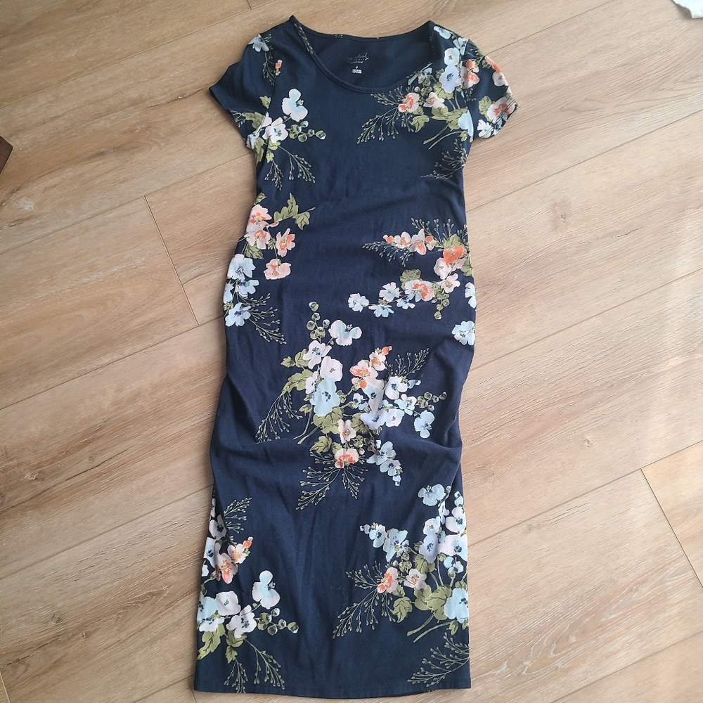SM Navy Maternity Midi Floral Dress EUC short sleeves
